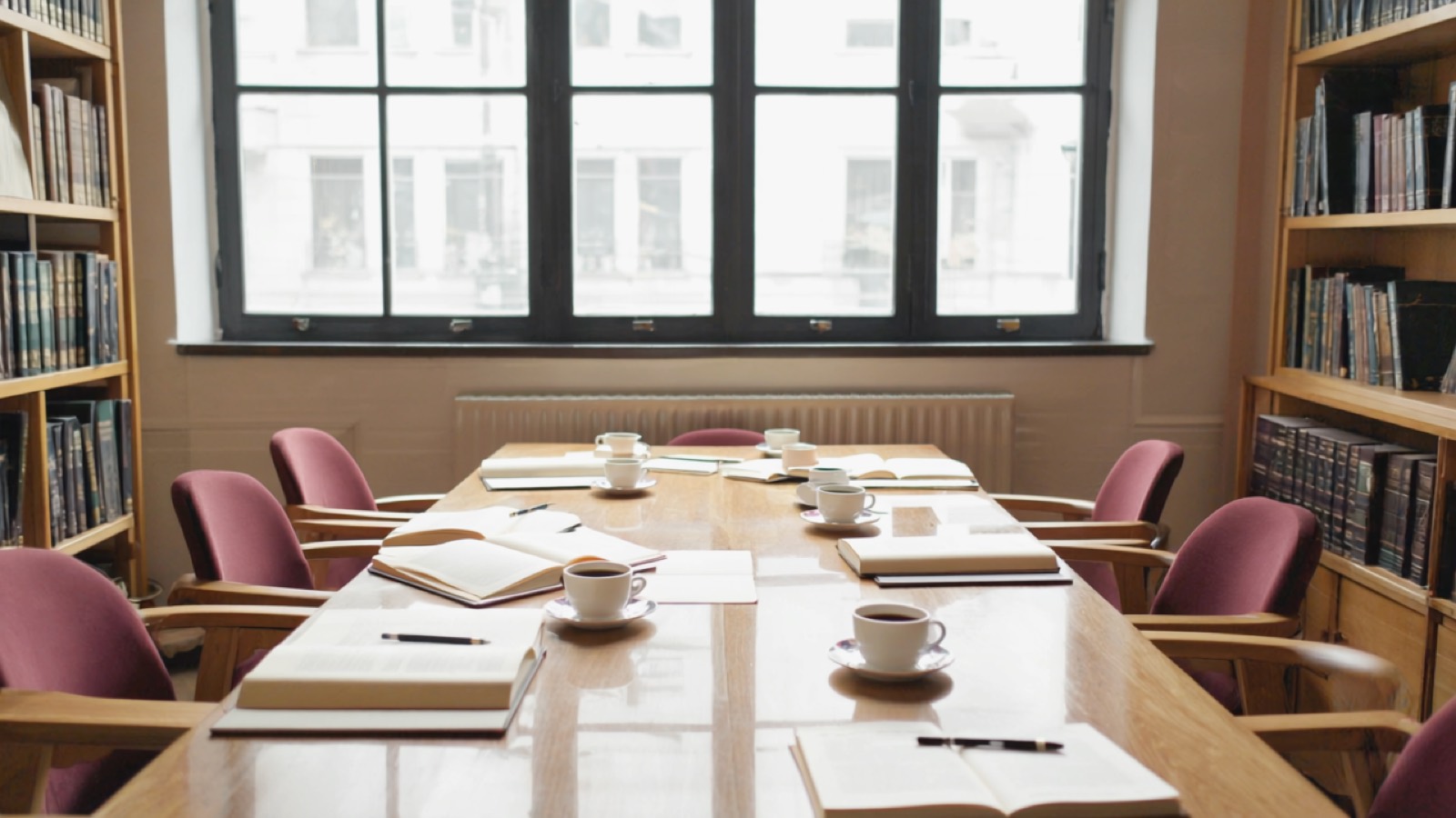 Vier Personen sitzen um einen runden Tisch mit Notizbüchern und Kaffeetassen und arbeiten gemeinsam